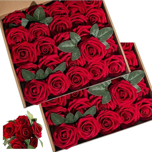 Red Artificial Flower Silk Rose 50pcs Fake Rose with Stems Leaves for Home Decoration Party Garden Centerpieces DIY Wedding Bouquets（Dark Red）