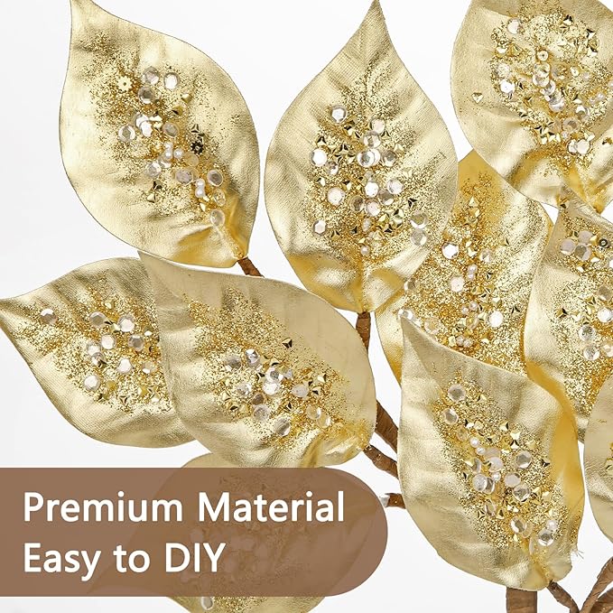 Christmas Tree Picks and Sprays 31.5" Gold Atrificial Elm Leaves with Stems 3 Pcs Christmas Picks for Tree Gold Vase Fillers Golden Leaf Decor for DIY Xmas Trees Centerpieces Wedding Bouquet Decor