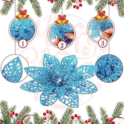 Boao Lake Blue 24 Pieces Poinsettia Flower Christmas Glitter Artificial Poinsettia with Clips Christmas Tree Ornament Decorations for DIY Xmas Wreath Holiday Home Party Decor, 3/4/6 Inches