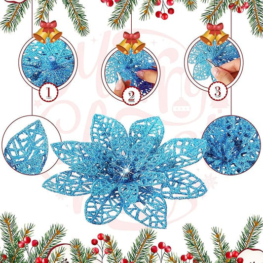 Boao Lake Blue 24 Pieces Poinsettia Flower Christmas Glitter Artificial Poinsettia with Clips Christmas Tree Ornament Decorations for DIY Xmas Wreath Holiday Home Party Decor, 3/4/6 Inches