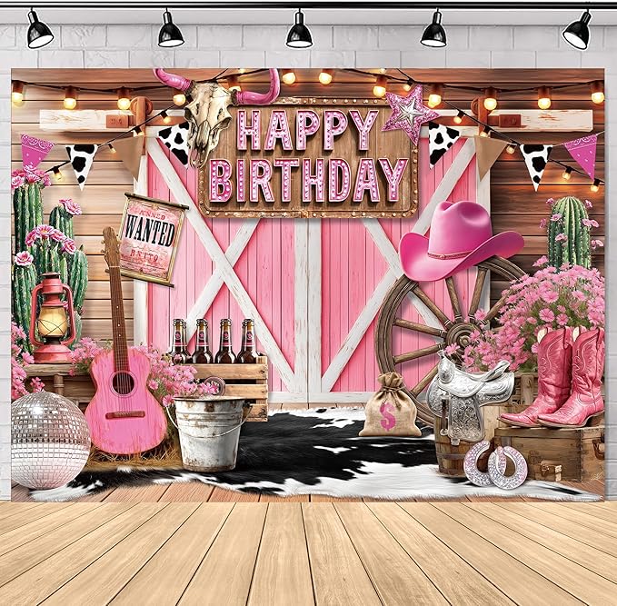 SVBright Western Cowgirl Happy Birthday Backdrop 7Wx5H Pink Barn Door Vintage Rustic Retro Wood Board Cactus Hat Boots Disco Cow Print Decorations Photography Background Banner Photo Booth Studio