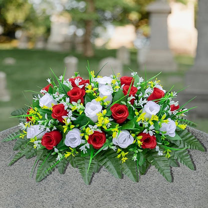 Artificial Cemetery Flowers Saddle-Shaped Tombstone Decorations Non-Fading UV-Resistant （Red and White Saddle