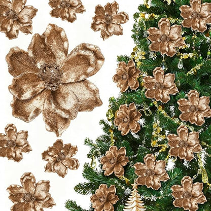 20 Pcs Christmas Glitter Poinsettia Magnolia Flowers Ornaments Large Heads Artificial Magnolia Flowers for Christmas Tree Xmas Wreath Holiday Wedding Decor(Gold)