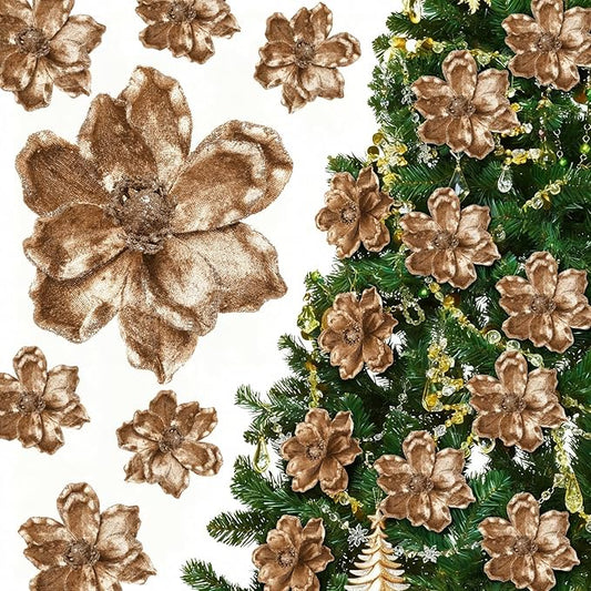 20 Pcs Christmas Glitter Poinsettia Magnolia Flowers Ornaments Large Heads Artificial Magnolia Flowers for Christmas Tree Xmas Wreath Holiday Wedding Decor(Gold)