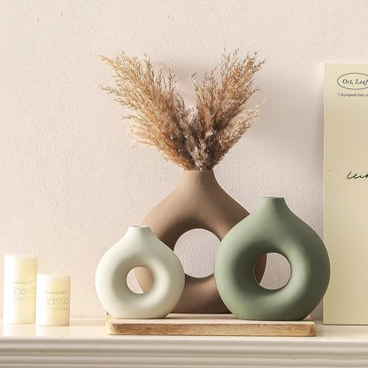 Ceramic Vase Home Table Decor - Flower Vases Set of 3 Small Living Room Centerpiece Decorations for Shelf Bedroom Office Kitchen Dining Desk Modern Aesthetic Farmhouse Decorative (Brown)