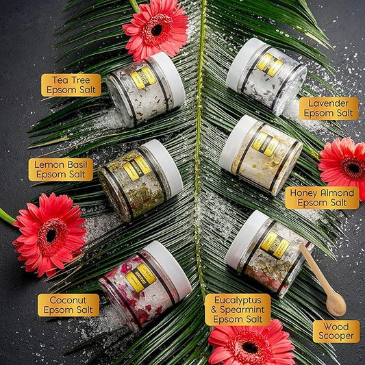 Christmas Gifts for Women Who Have Everything, Epsom Bath Salts Gift Basket Set, Relaxing Self Care Salt W/Essential Oil, Gifts for Mom, Lavender, Eucalyptus, Lemon, Coconut, Tea Tree, Honey Almond