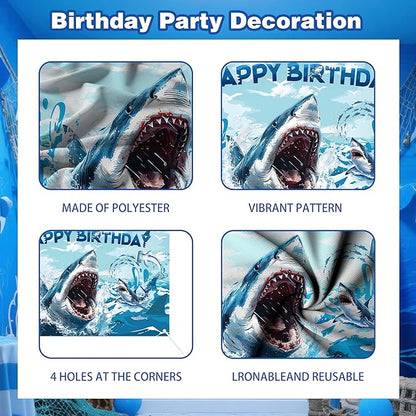 Shark Birthday Party Decorations For Women Men,Happy Birthday Banner,Blue Balloon Arch Kit,Sharks Foil Balloons,Cake toppers