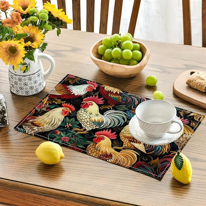 Rooster Placemats Set of 6 Rustic Country Farm Chicken Table Mats Washable Place Mats for Home Party Indoor Kitchen Dining Table Decoration 12x18 Inch