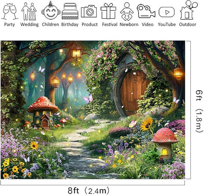 Riyidecor Fairy Backdrop Polyester Fabric Garden Butterfly Enchanted Wonderland Woodland Mushroom Floral Flower 8Wx6H Feet Nature Baby Shower Photography Background Birthday Photo Studio Shoot