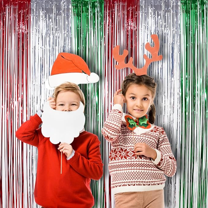 Red Green Silver Tinsel Curtain Backdrop - Christmas Party Decorations Foil Fringe Curtains for Photo Booth Props Xmas New Years Party Supplies - 2Pack 3.2×8.2ft