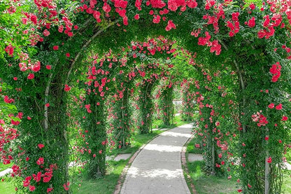 15ftx10ft Spring Flower Garden Backdrop Blossoms Flower Arch Garden Architecture Pillars Blooming Flowers Garden Path Photo Background Outdoor Wedding Portraits Photo Studio Props Wallpaper