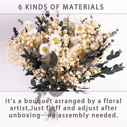 Handmade Dried Flower Bouquet – Natural White, Lavender, Baby’s Breath, Pampas Grass & Eucalyptus – Rustic Boho Style for Home Decor, Weddings, Gifts, and Events