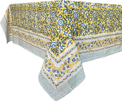 ATOSII Marigold Blue Yellow 100% Cotton Fall Tablecloth, Handblock Print Rectangle Table Cover for Kitchen Dining Linen I Parties, Weddings, Outdoors, Easter Table Decor 60 X 108 Inches I 8 Seater
