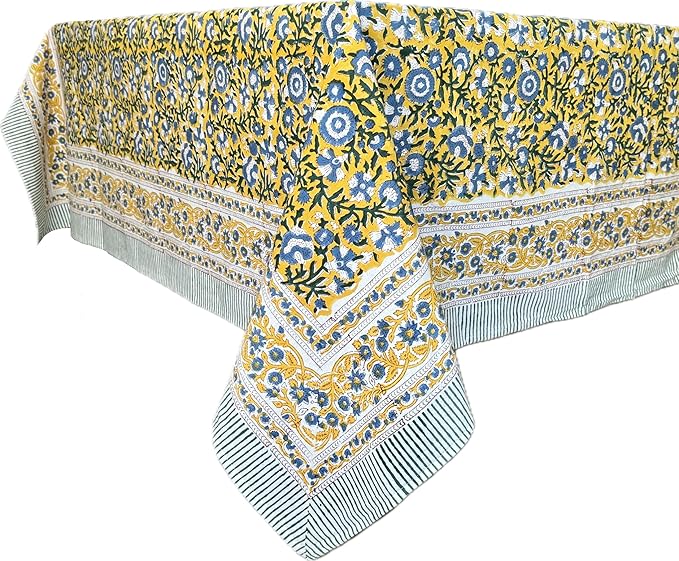 ATOSII Marigold Blue Yellow 100% Cotton Fall Tablecloth, Handblock Print Square Table Cover for Kitchen Dining Linen I Parties, Weddings, Outdoors, Easter Table Decor 60 X 60 Inches I 4 Seater
