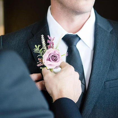 SITUMEIZI 2Pcs Purple Corsage and Boutonniere Set,Corsage Wristlet for Prom Decor,Boutonniere for Men Wedding Flowers Accessories Party Suit Decoration