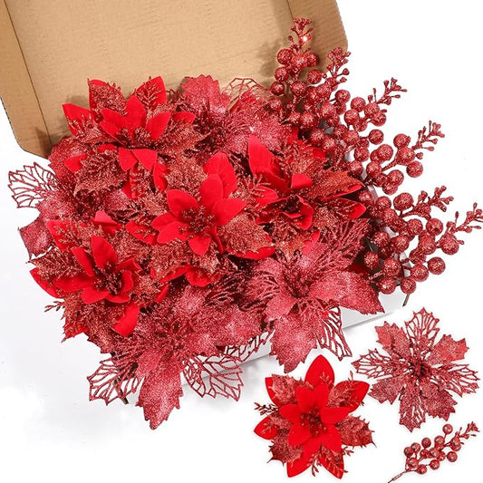 Sawowkuya 22 Pcs Red Christmas Poinsettia Artificial Flowers and Glitter Berries Stems Kit, Christmas Poinsettias Decorations and Christmas Tree Ornaments for Xmas Home Wedding Holiday Tree Decor