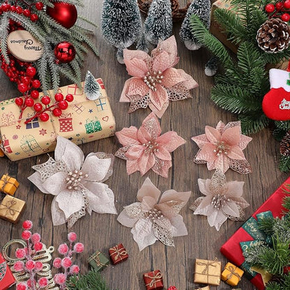 Boao 24 Pieces Christmas Artificial Glitter Poinsettia Flowers Xmas Flowers Wedding Christmas Tree New Year Ornaments(Champagne and Rose Gold)