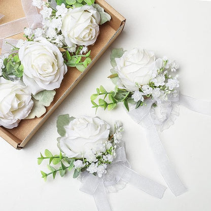 White Rose Wrist Corsages Wristlet Band Bracelet for Wedding,Set of 6, Ivory Eucalyptus Wrist Flower Wristband Hand Flower for Bride, Bridesmaid, Mother of Bride, Prom Party Decor