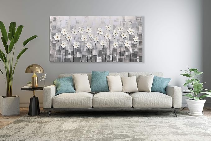 Yihui Arts Canvas Wall Art Grey and White Flowers Pictures Blossom Modern Floral Pallet Knife Painting Framed for Bedroom Kitchen Dinning Room Living Room Office Home Decor