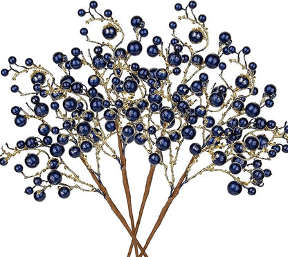 Hollyone 4 Pack Artificial Christmas Glitter Berries Stems, 19 Inch Fake Blue Holly Berry Picks with Ice Snow for Christmas Tree Wreath Floral Arrangements Holiday Home Vase DIY Crafts Decor