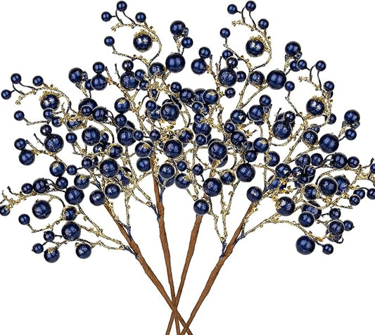 Hollyone 4 Pack Artificial Christmas Glitter Berries Stems, 19 Inch Fake Blue Holly Berry Picks with Ice Snow for Christmas Tree Wreath Floral Arrangements Holiday Home Vase DIY Crafts Decor
