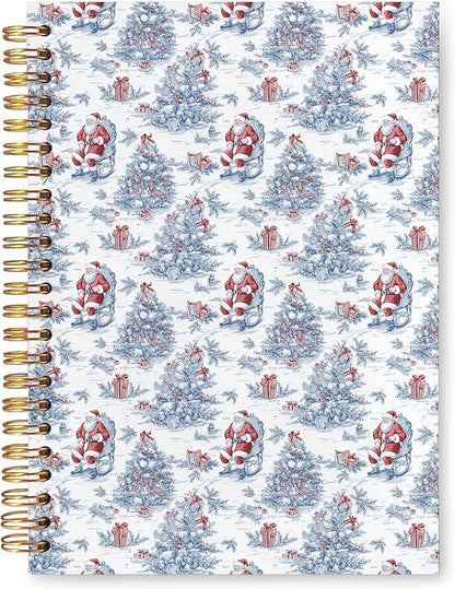 VIIJJUE Blue and White Chinoiserie Christmas Santa Notebook for Women, Vintage French Country Toile de Jouy Journal, Xmas Red Santa Holiday Hardcover Spiral Notebooks, 5.5x8.3 Inch-03