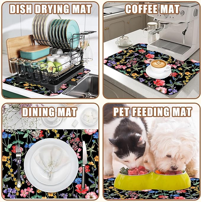 Beautiful Flowers Dish Drying Mat for Kitchen Counter Coffee Bar Mat Hide Stain Absorbent Rubber Backed Coffee Mat Coffee Maker Espresso Machine Coffee Bar Accessories 11.8 x 19.7 Inch