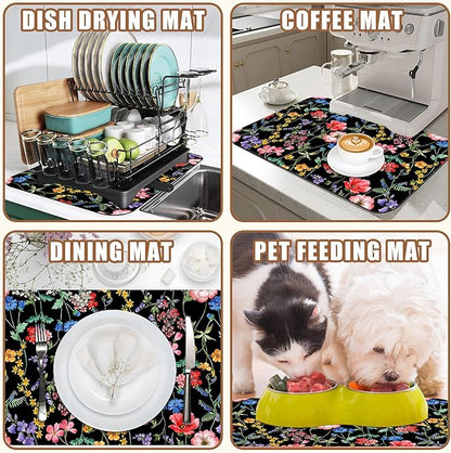 Beautiful Flowers Dish Drying Mat for Kitchen Counter Coffee Bar Mat Hide Stain Absorbent Rubber Backed Coffee Mat Coffee Maker Espresso Machine Coffee Bar Accessories 11.8 x 19.7 Inch