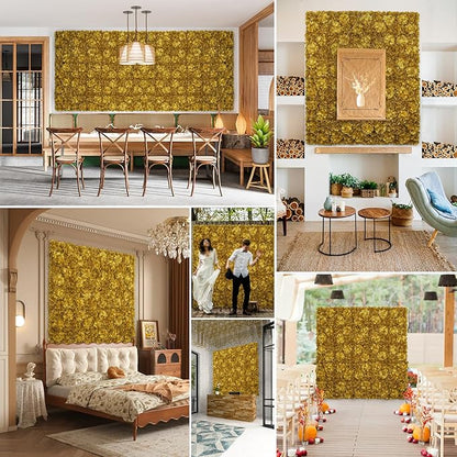Autumn Collection Artificial Fall Flower Wall Panels - 12-Piece Set of 15x15inch Gold Silk Roses Flowers Wall Backdrops for Fall Weddings Thanksgiving Background and Seasonal Home Elegance