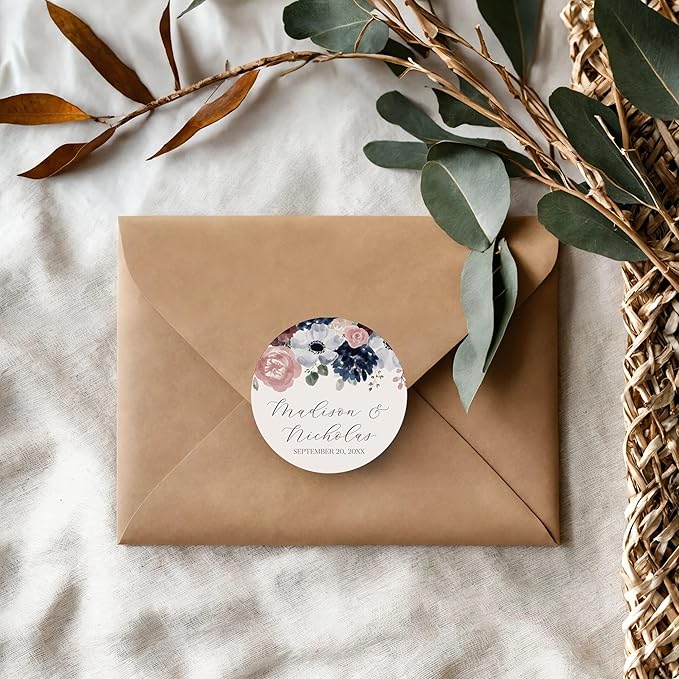 Personalized Floral Wedding Stickers with Your Choice of 30 Flower Styles - Choose Font and One of Five Pre-made Phrases or Add Custom Text (020 - Blue and Pink Flowers)