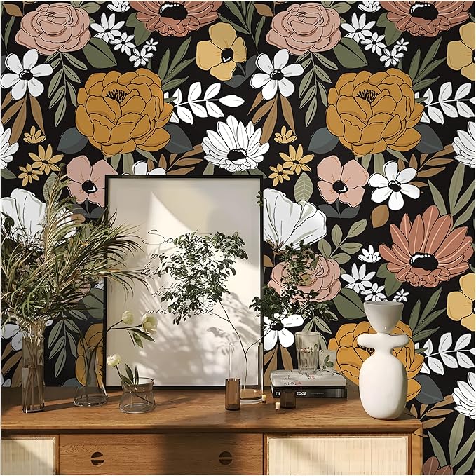 Floral Peel and Stick Wallpaper Black Removable Wallpaper Dark Boho Renter Friendly Textured Wallpapers for Bedroom Stick On Contact Paper for Locker Cabinet 17.5 x 118 in