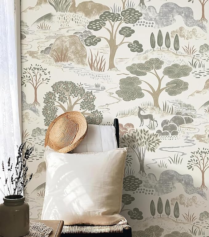 Erfoni 16.9"x197" Boho Forest Peel and Stick Wallpaper Green/Brown/White Contact Paper Forest Self Adhsive Peel and Stick Contact Paper DIY Removable Wallpaper for Bedroom Kids Nursery Decor