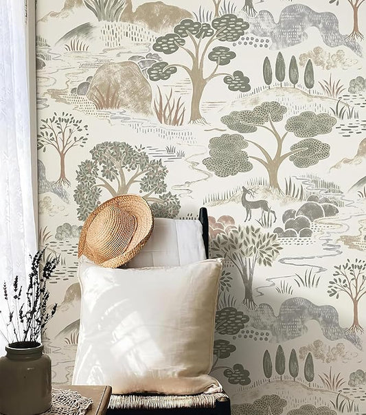 Erfoni 16.9"x197" Boho Forest Peel and Stick Wallpaper Green/Brown/White Contact Paper Forest Self Adhsive Peel and Stick Contact Paper DIY Removable Wallpaper for Bedroom Kids Nursery Decor