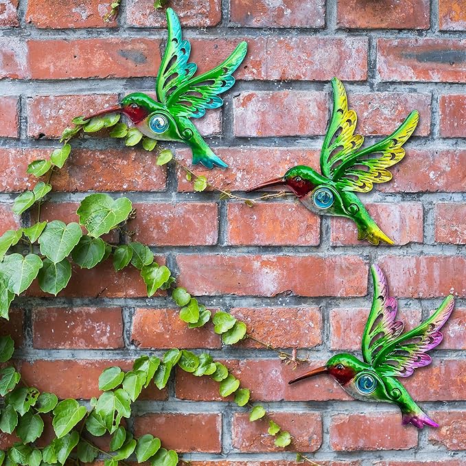 Metal Hummingbird Wall Decor, Wall Art Christmas Sculpture for Patio Fence, Set of 3, 9 Inch, Christmas Indoor Outdoor Gift for Family