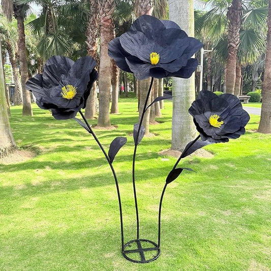 5.9 Ft Large Paper Artificial Flowers,Giant Flowers for Decoration,Standing Huge Handcrafted Poppy Flowers for Garden,Hotel,Office,Photography Props,Wedding,Art Gallery,Shop Window Display(Black)