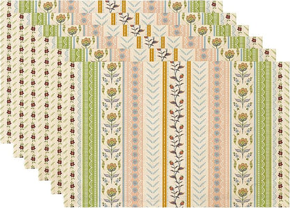 LilyCat Linen Fabric Multicolor Floral Placemats, Stripes Durable Boho Dining Table Mats for Kitchen, Rustic Vintage Washable Place Mats Set of 6, 18’’× 12’’