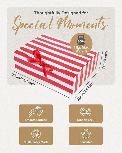 HummingBox Stripes Gift Box Set of 16 - Gift Boxes for Presents & gifting on weddings, birthdays & more - Easy to Assemble Striped Gift Boxes With Lids & Ribbon Closure - Decorative Boxes With Lids