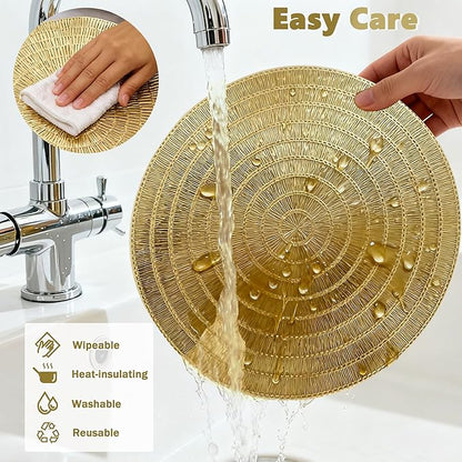 Gold Placemats Set of 6-15 Inch Round PVC Table Mats, Heat-Resistant & Waterproof Washable Place Mats for Dining Table, Elegant Metallic Decor for Holiday Dinner Party Decorations