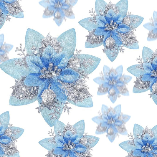 Geosar 36 Pcs Christmas Glitter Artificial Poinsettia Flowers Xmas Poinsettia Artificial Wedding Flowers Decorations Xmas Tree Ornaments with Clips for Party, 6 Inch, 4 Inch, 3 Inch(Silver and Blue)