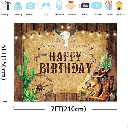 SVBright Western Backdrop 7Wx5H Cowboy Happy Birthday Rustic Wooden Board Cactus Rodeo Brown Hat Plant Country Wild West Men Boy Bday Party Decorations Photography Background Banner Photo Booth Studio