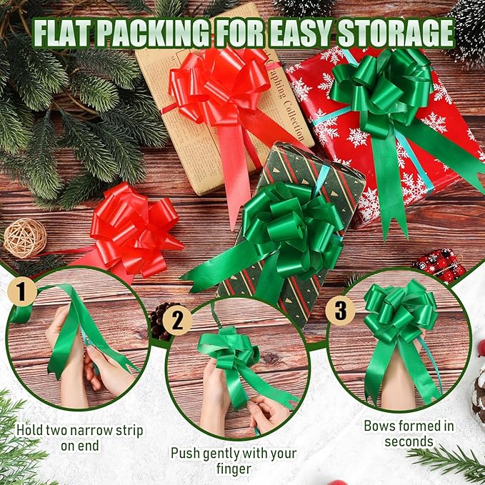 100 Pcs 5 Inch Christmas Pull Bows for Gift Wrapping, Gift Wrapping Pull Bows with Ribbon for Christmas Presents Wedding Decor Basket Bag Holiday Decor(Red, Dark Green)