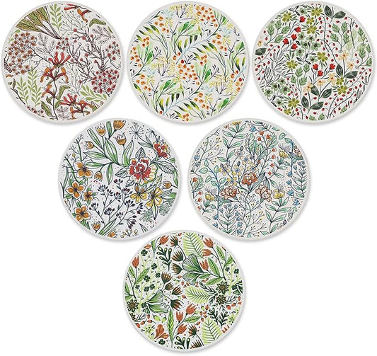 AD Set of 6 Coasters for Drinks Absorbing Round Ceramic Stone Coaster with Cork Base Tabletop Protection Mat for Mugs and Cups,Office,Kitchen (Bontanicals)