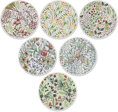 AD Set of 6 Coasters for Drinks Absorbing Round Ceramic Stone Coaster with Cork Base Tabletop Protection Mat for Mugs and Cups,Office,Kitchen (Bontanicals with Holder)