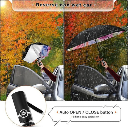 Automatic Folding Umbrella Windproof Strong, UV Protection Compact Floral Hydrangea Hummingbird Sun Rain Sun Rain Travel Umbrellas for Women Men