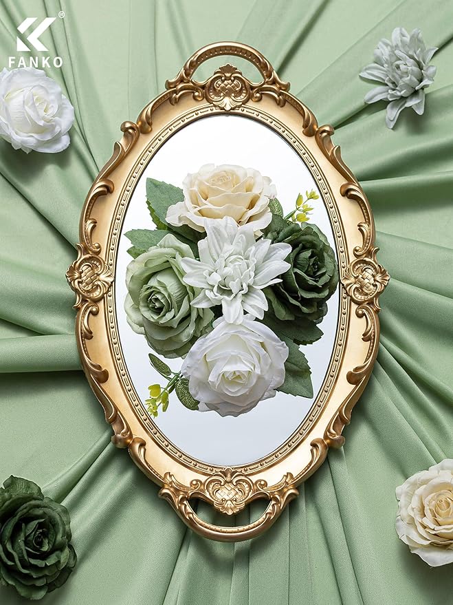 FANKO Artificial Flower Fake Rose Combo, 5 Mixed Silk Flowers Bouquet Dark & Light Green Rose Cream Roses, Light Gray Dahlia for DIY Wedding Bridal Bouquets/Centerpieces/Home Decorations