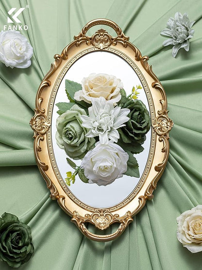 FANKO Artificial Flower Fake Rose Combo, 5 Mixed Silk Flowers Bouquet Dark & Light Green Rose Cream Roses, Light Gray Dahlia for DIY Wedding Bridal Bouquets/Centerpieces/Home Decorations