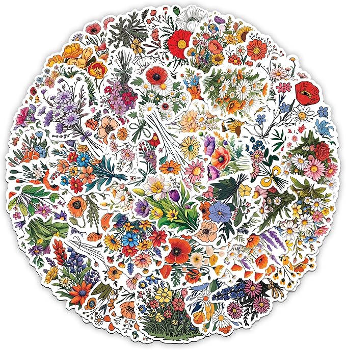 Wild Flower Bunch Stickers 50 Pieces Vinyl Waterproof Decal for Laptop Water Bottle Phone Car Window Guitar Stakeboard Scrapbook Flowers Sticker Gifts