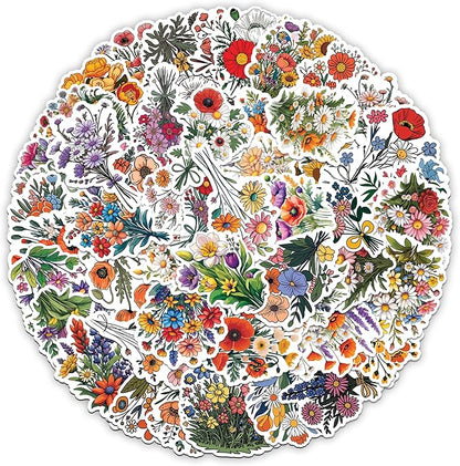Wild Flower Bunch Stickers 50 Pieces Vinyl Waterproof Decal for Laptop Water Bottle Phone Car Window Guitar Stakeboard Scrapbook Flowers Sticker Gifts