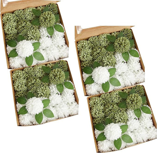 Artificial Flowers, 100pcs Artificial Rose for DIY Wedding Bouquets Centerpieces Arrangements, Elf Green and White Dahlia Flowers with Stems for Party Home Decorations