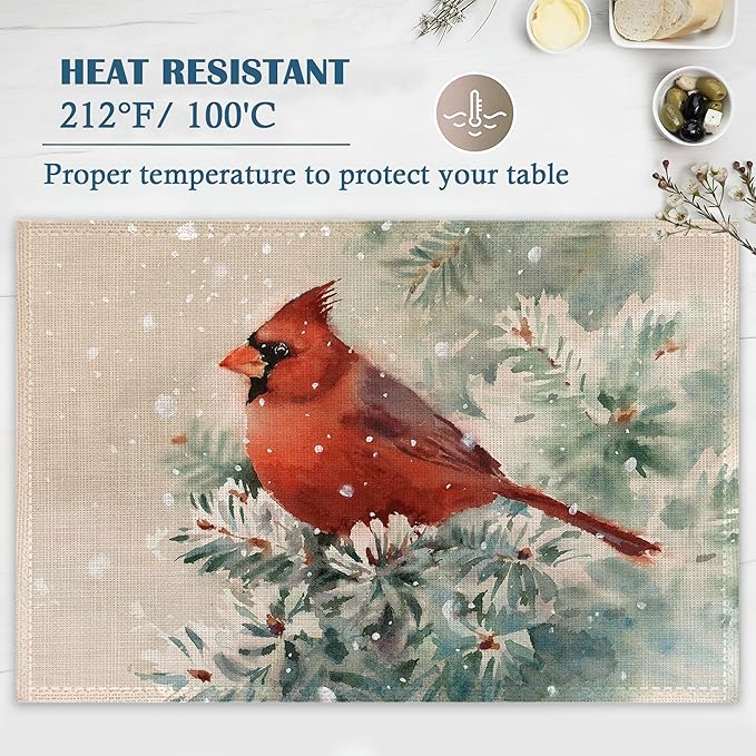 Placemats-Winter Cardinal Bird Linen Table Place Mats Set of 4 Non-Slip Heat Resistant Table Mats for Dining Kitchen Cabin Decor 12x18 Inch